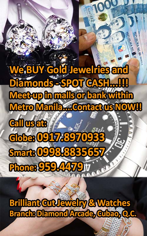We buy Jewelries, diamonds, Swiss watches and expensive bags and we pay SPOT CASH!